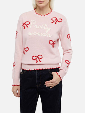 Woman pink sweater New Queen with Pretty Woman embroidery and ribbons print - MC2 Saint Barth