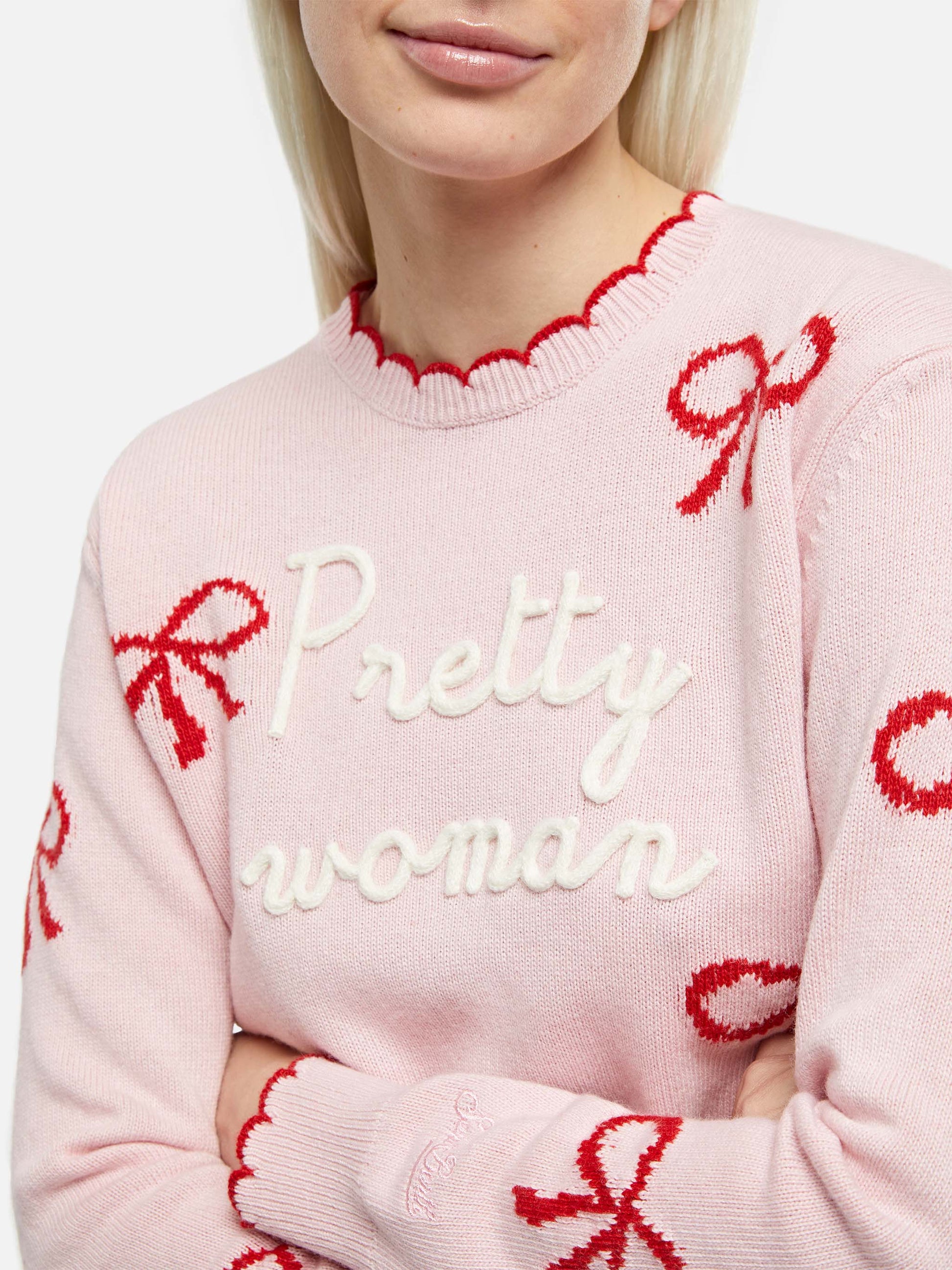 Woman pink sweater New Queen with Pretty Woman embroidery and ribbons print - MC2 Saint Barth