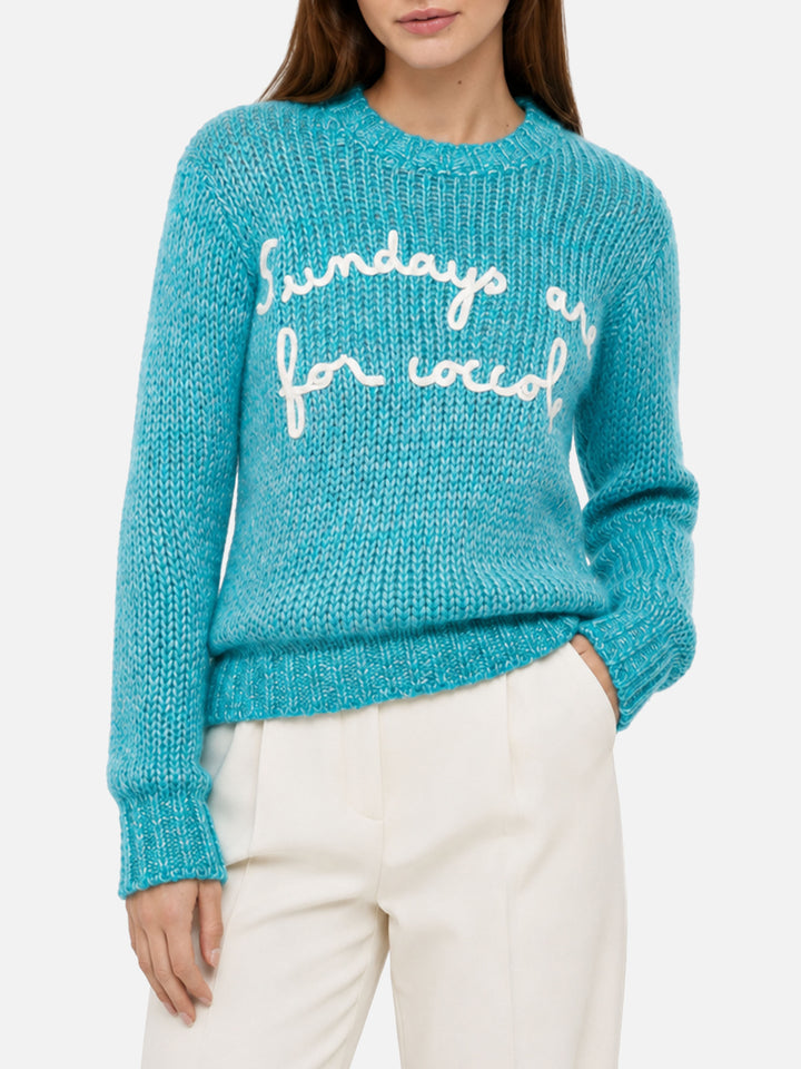 Nouveau pull crop New Queen en fil mouliné turquoise avec broderie 