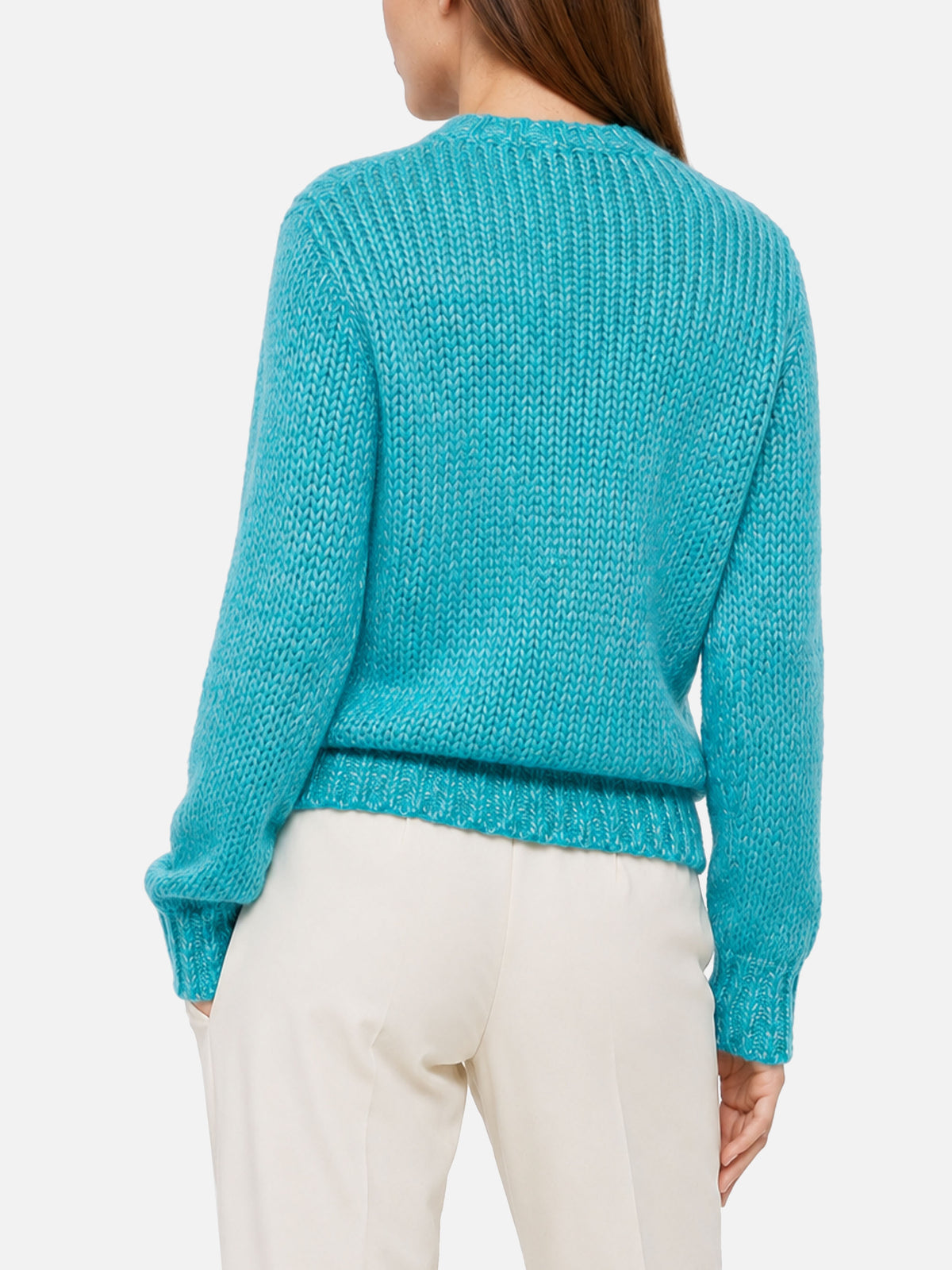 Nouveau pull crop New Queen en fil mouliné turquoise avec broderie 