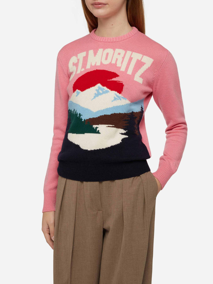 Rosa Pullover für Damen New Queen St. Moritz Postkartendruck