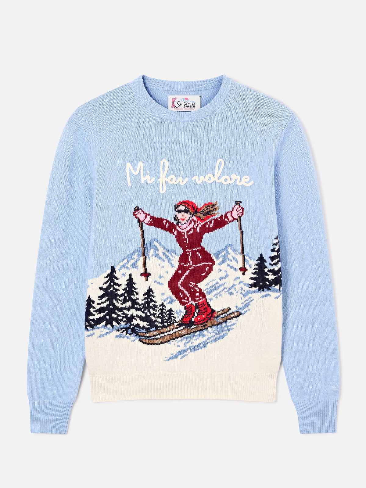 Maglia girocollo New Queen azzurra con ricamo Mi Fai Volare