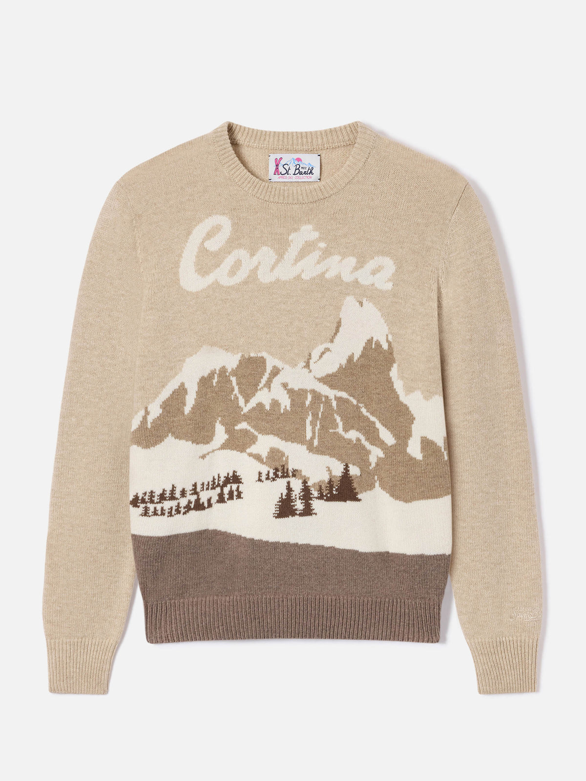 Beiger New Queen Rundhals-Strickpullover mit Cortina-Intarsie 