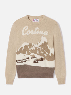 Beiger New Queen Rundhals-Strickpullover mit Cortina-Intarsie 