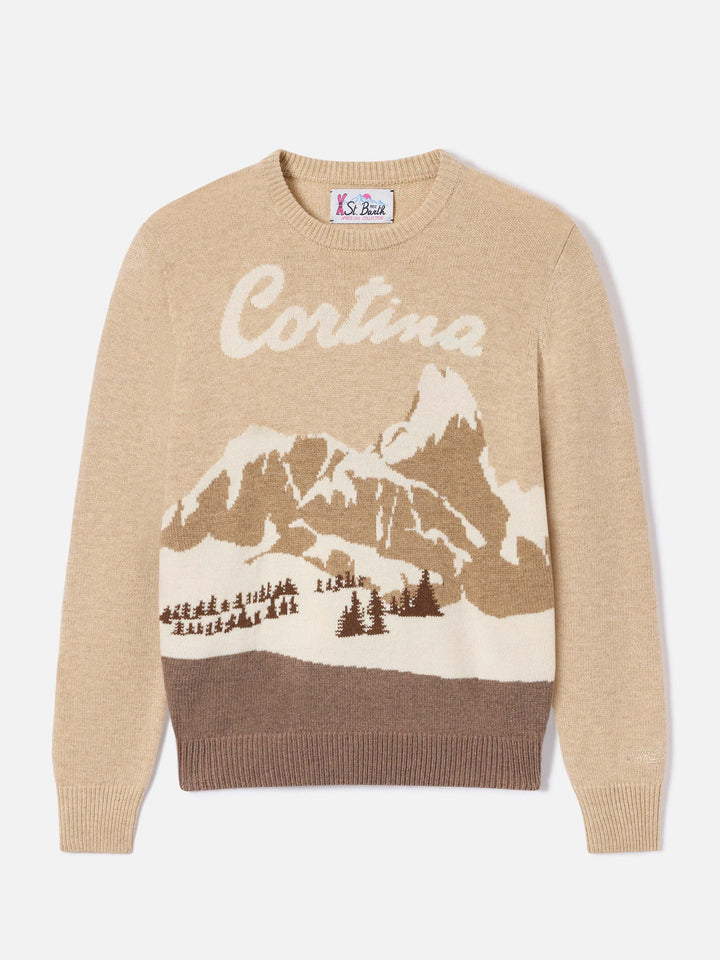 Pull ras-du-cou New Queen beige en maille avec intarsia Cortina 