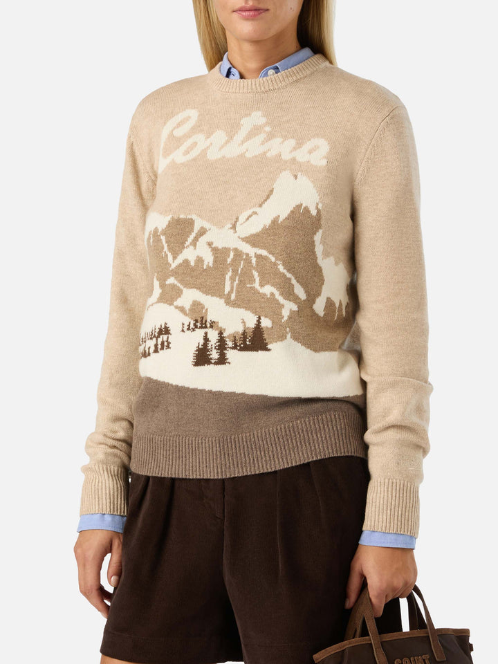 Pull ras-du-cou New Queen beige en maille avec intarsia Cortina 