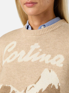 Beiger New Queen Rundhals-Strickpullover mit Cortina-Intarsie 