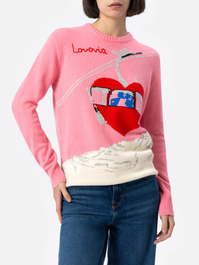 Damenpullover aus Kaschmirmischung New Queen mit Postkarten-Jacquard