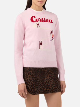 New Queen cashmere-blend sweater in pink with Cortina postcard jacquard