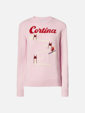 New Queen cashmere-blend sweater in pink with Cortina postcard jacquard
