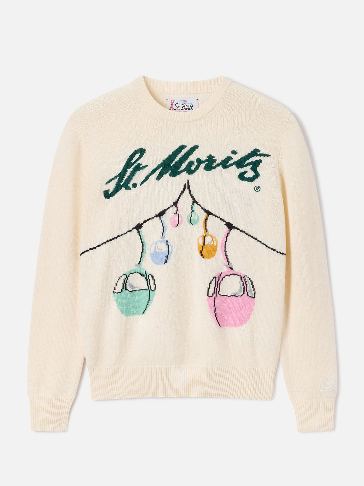Off-whiteer New Queen Rundhals-Strickpullover mit St. Moritz Seilbahn-Intarsie | Special edition 
