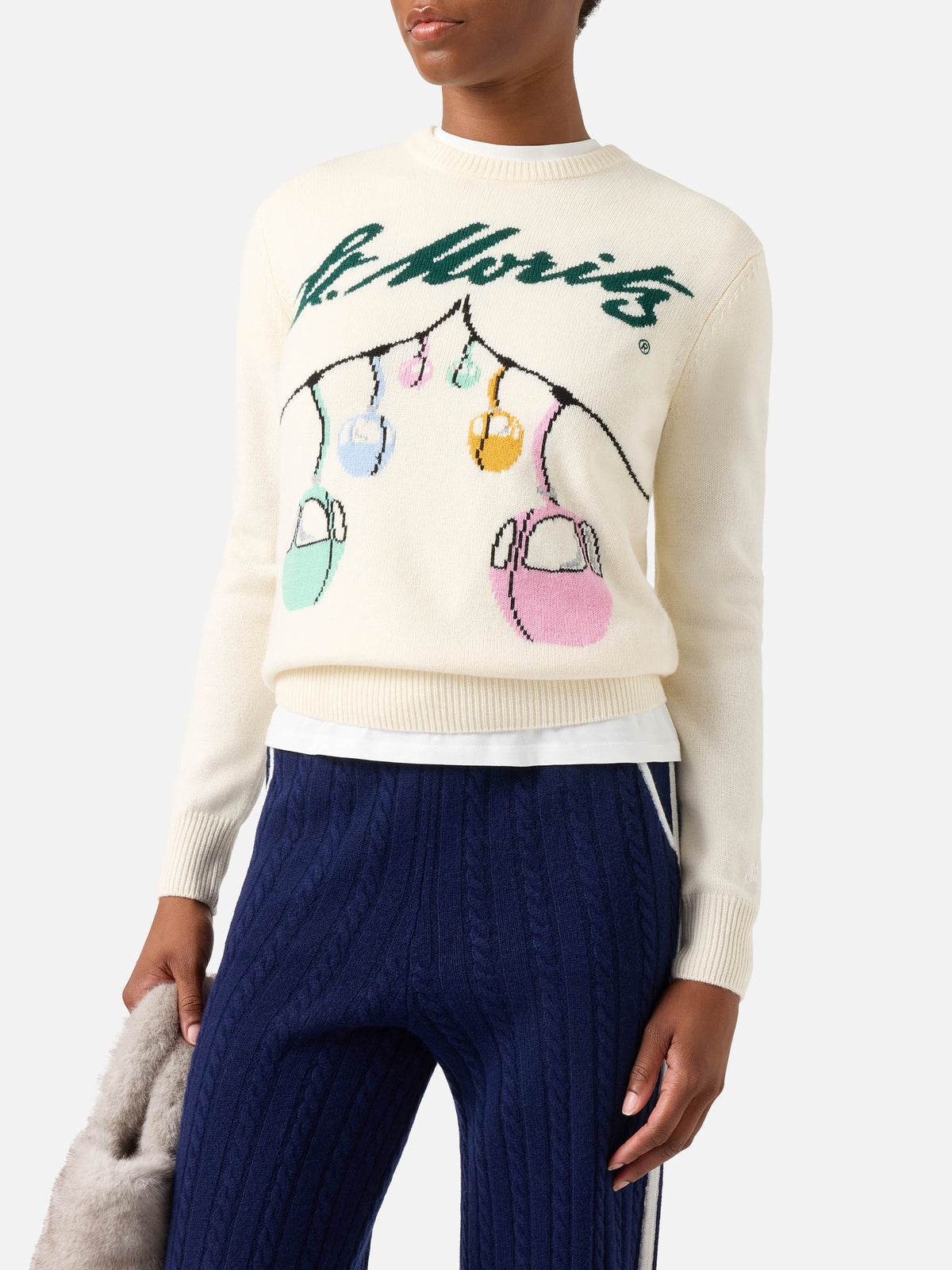Off-whiteer New Queen Rundhals-Strickpullover mit St. Moritz Seilbahn-Intarsie | Special edition 