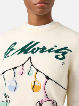 Off-whiteer New Queen Rundhals-Strickpullover mit St. Moritz Seilbahn-Intarsie | Special edition 