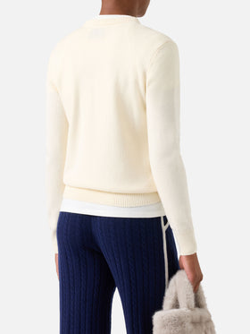 Off-whiteer New Queen Rundhals-Strickpullover mit St. Moritz Seilbahn-Intarsie | Special edition 