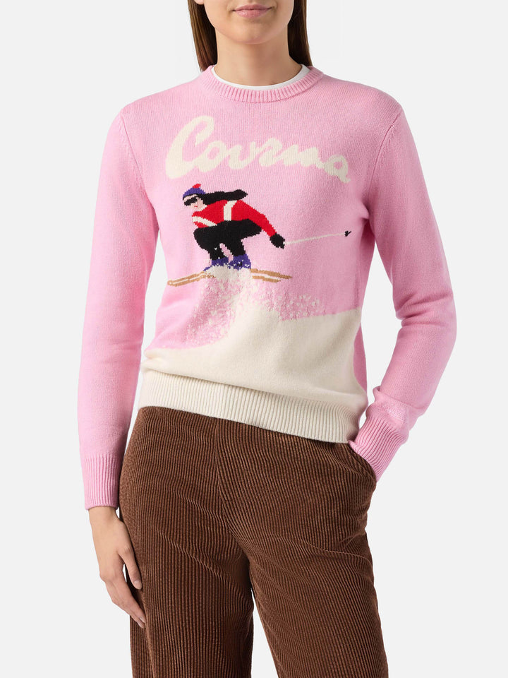 Maglione New Queen in misto cashmere rosa con jacquard cartolina Courma