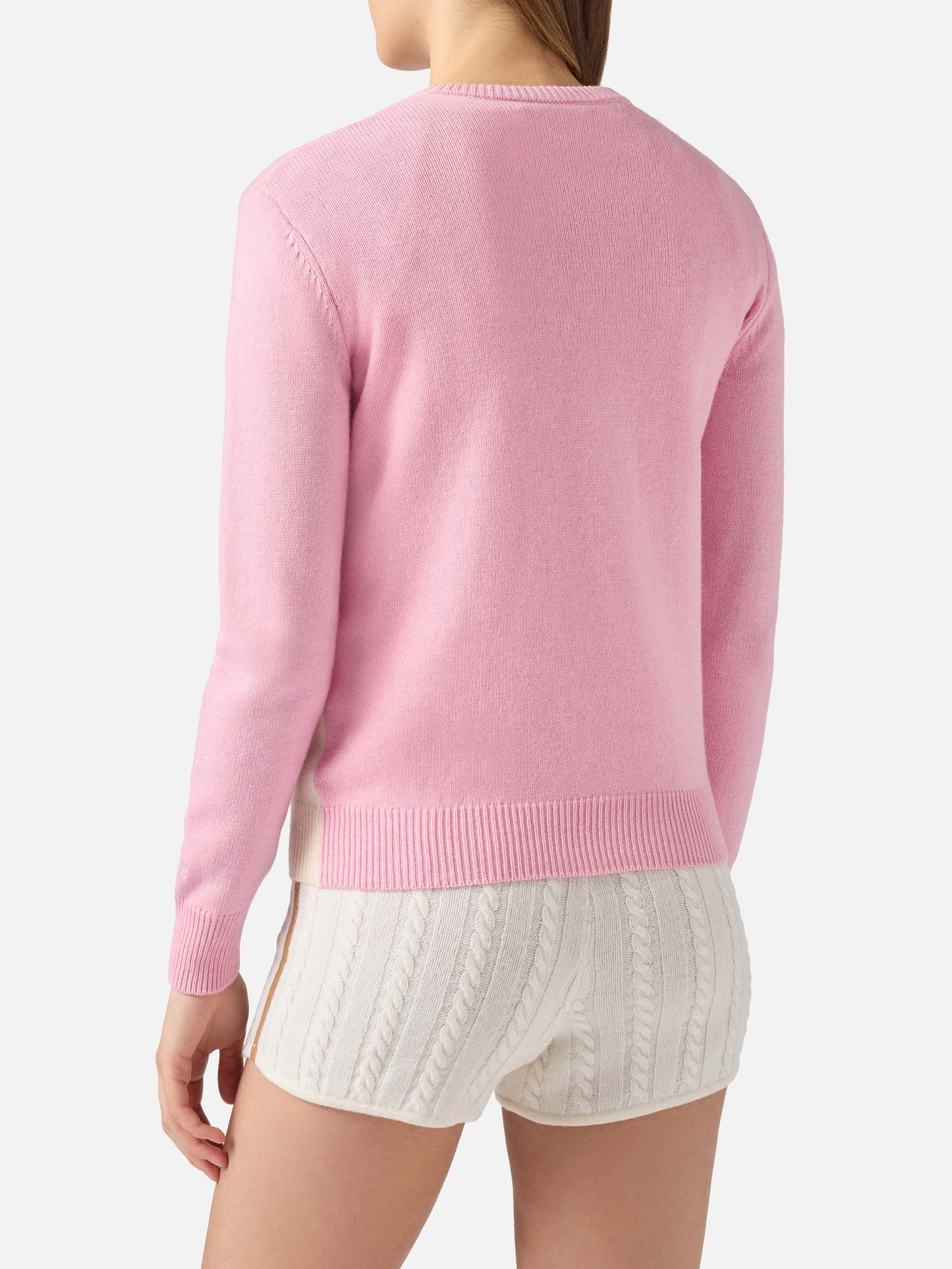 Neuer Queen-Pullover aus Kaschmirmischung in Rosa mit Jacquardmuster und St. Moritz-Postkartenmotiv | ST. MORITZ SONDEREDITION