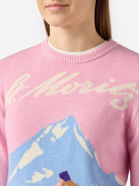 Neuer Queen-Pullover aus Kaschmirmischung in Rosa mit Jacquardmuster und St. Moritz-Postkartenmotiv | ST. MORITZ SONDEREDITION