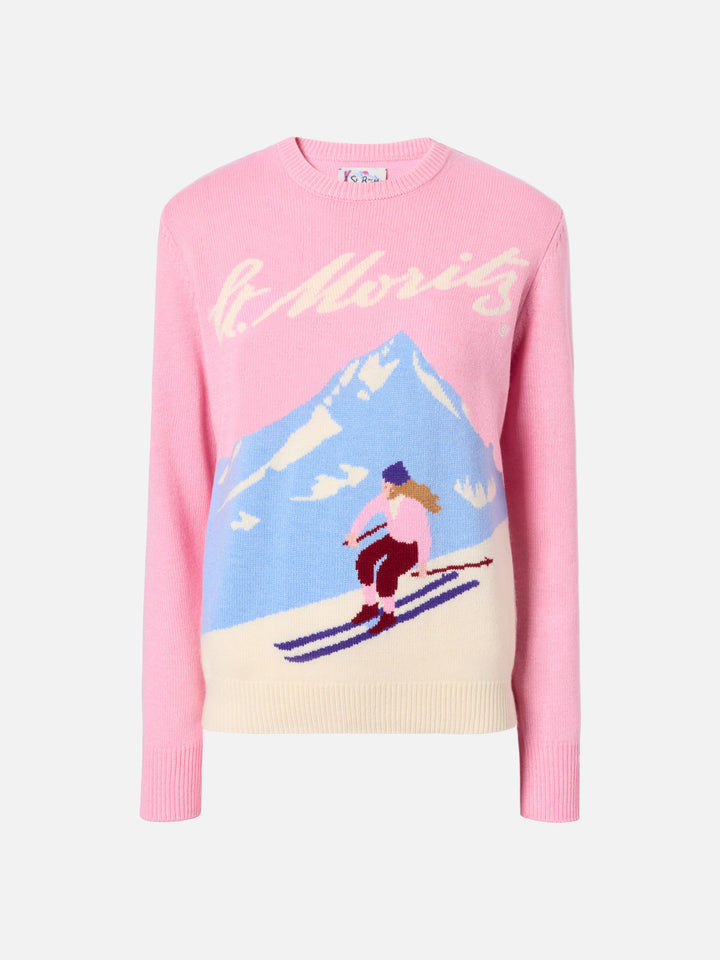 Maglione New Queen in misto cashmere rosa con jacquard cartolina St. Moritz | ST. MORITZ SPECIAL EDITION