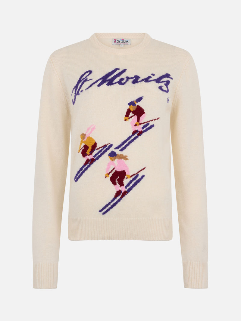 Woman white sweater New Queen with St. Moriz jacquard | ST. MORITZ TOP OF THE WORLD SPECIAL EDITION