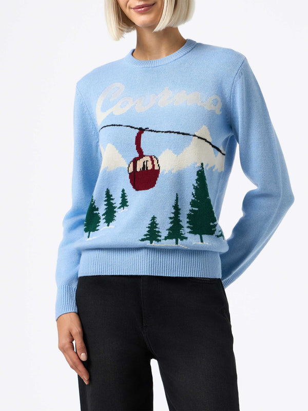 Woman light blue sweater New Queen Courma pines postcard print