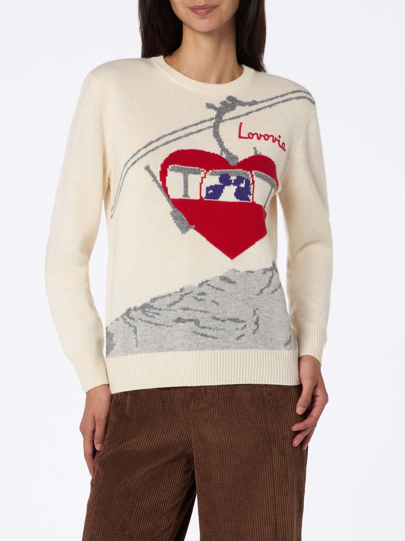 Woman white sweater New Queen with Lovovia postcard print and embroidery