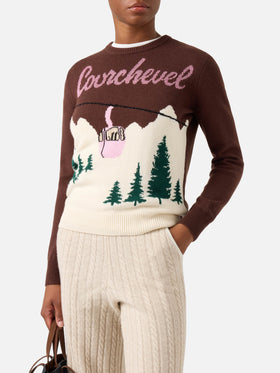 Maglia girocollo New Queen marrone con intarsio Courchevel