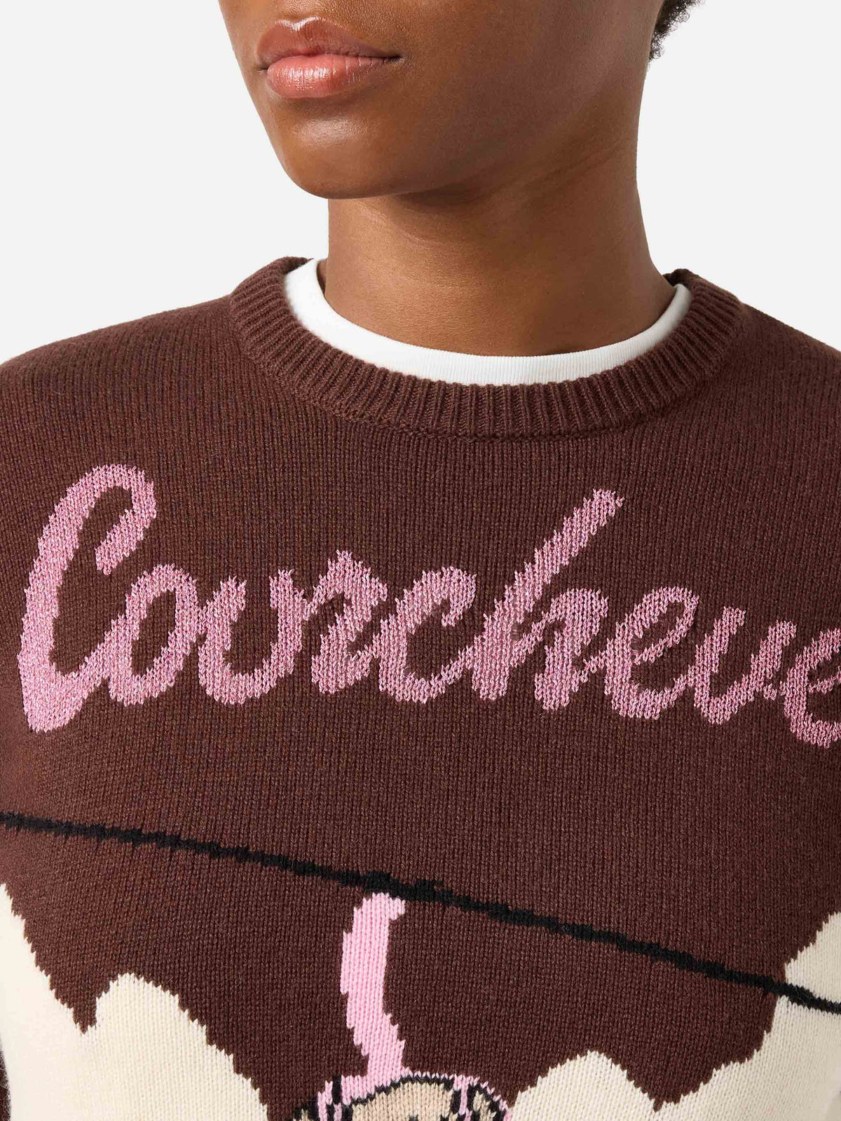 Maglia girocollo New Queen marrone con intarsio Courchevel