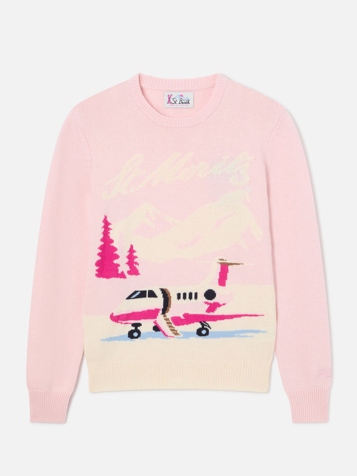 Pink New Queen crewneck knit with St. Moritz plane intarsia | Special edition