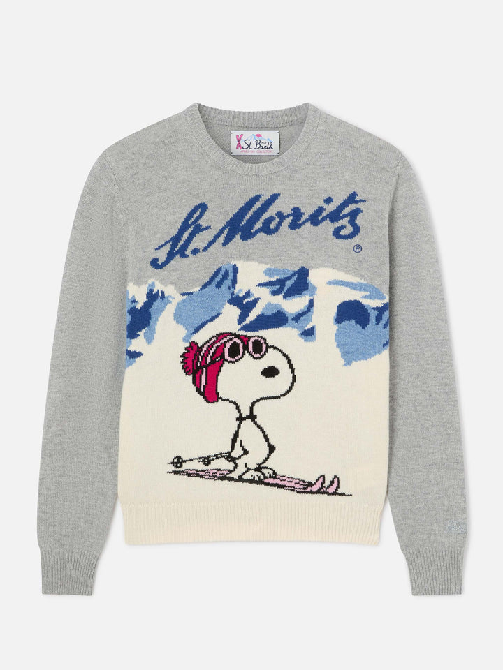 Grey New Queen crewneck knit with Snoopy skiing intarsia | Special edition