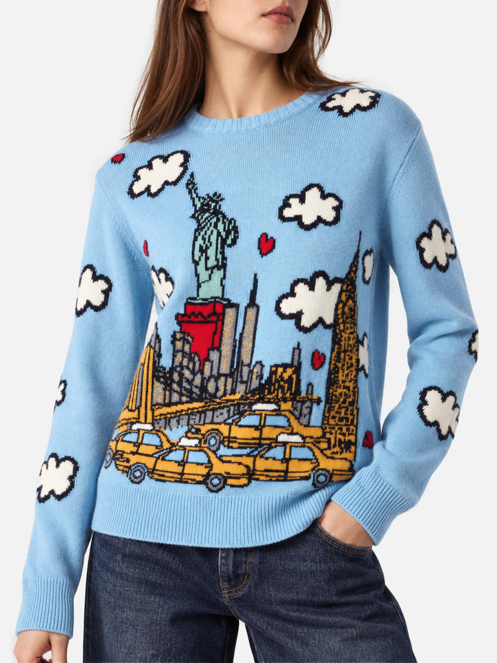 Maglione New Queen con stampa New York azzurro