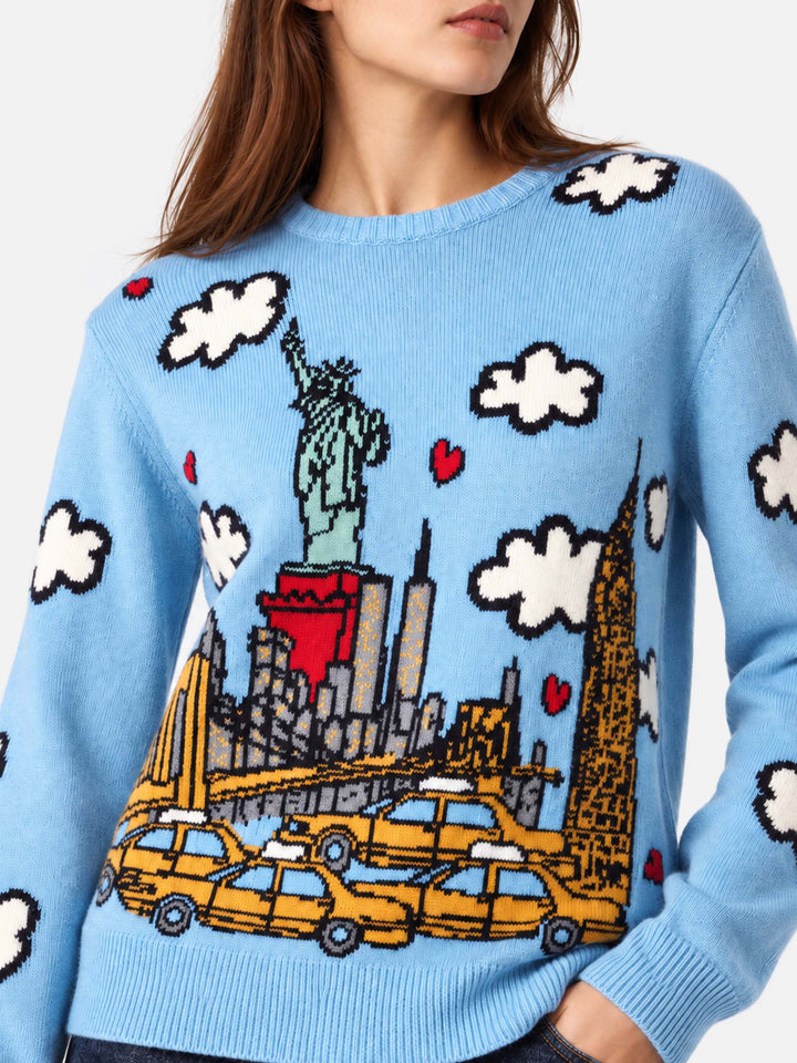 Maglione New Queen con stampa New York azzurro