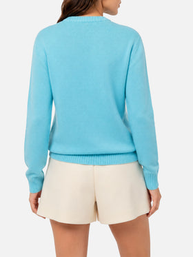 Hellblauer Pullover New Queen mit Sun Moritz Postkarten-Jacquard 