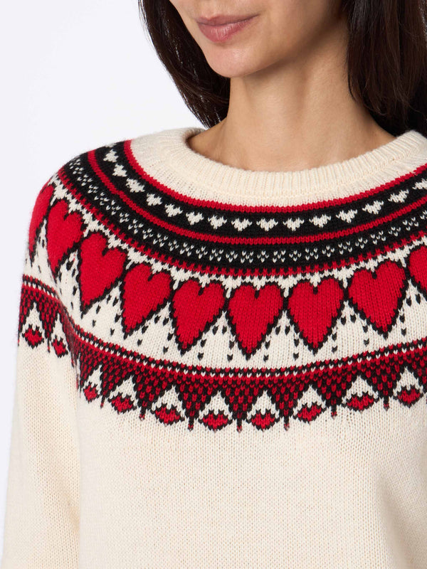 Woman white sweater New Queen fair isle hearts print