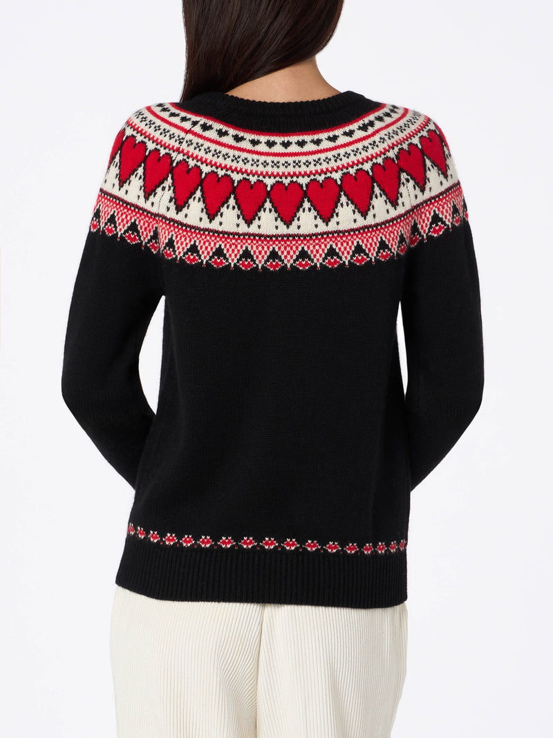 Woman black sweater New Queen with fair isle hearts print