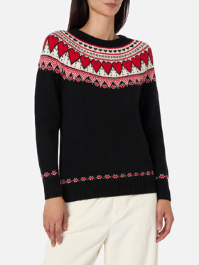Maglione da donna nero New Queen con stampa cuori Fair Isle