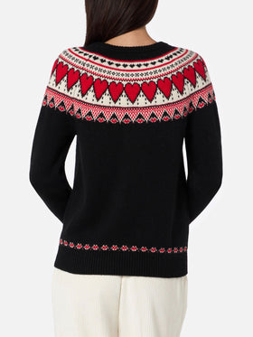 Maglione da donna nero New Queen con stampa cuori Fair Isle