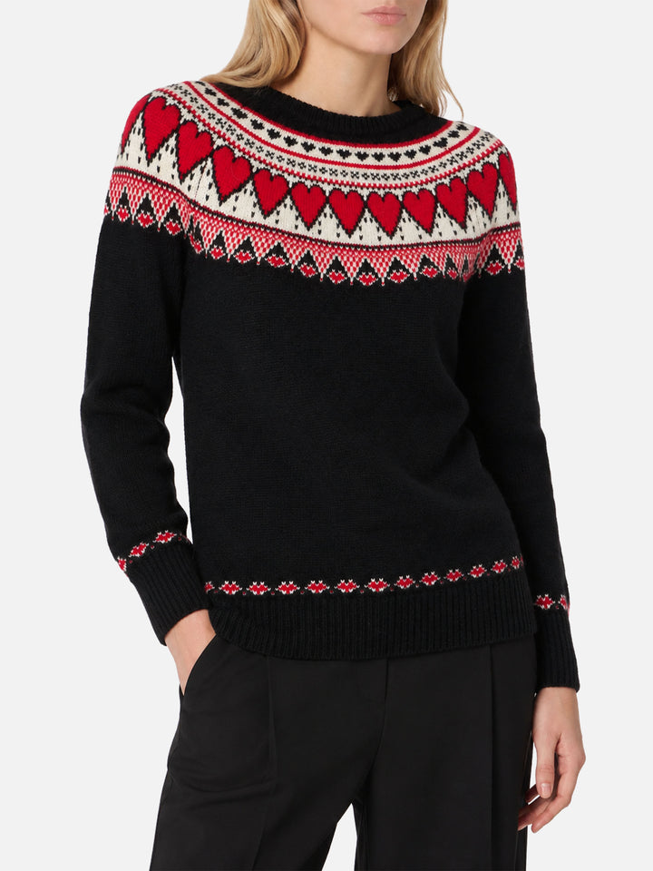 Pull New Queen Nordic noir avec jacquard cœur 
