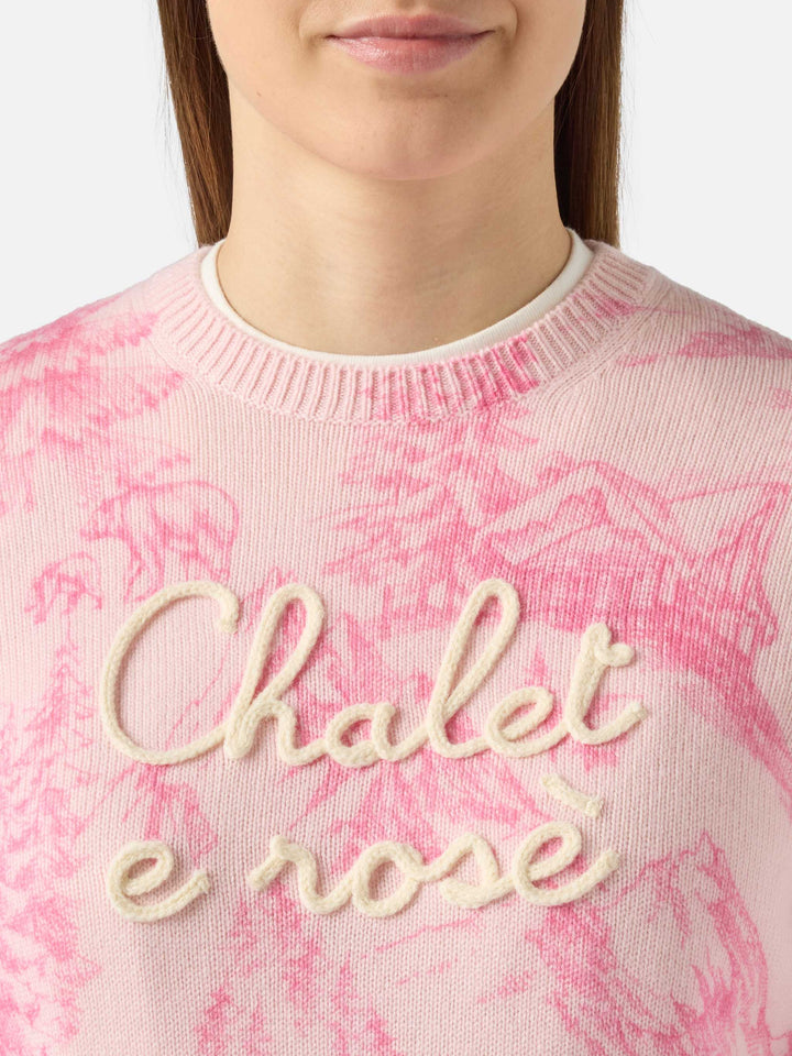 Maglione rosa da donna New Queen con stampa toile de jouy e ricamo Chalet e Rosè