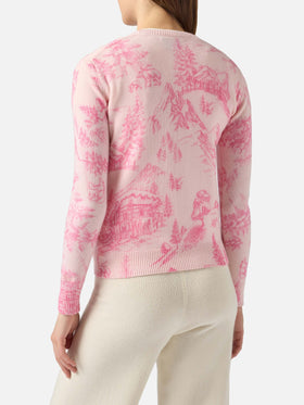 Woman pink sweater New Queen with toile de jouy print and Chalet e Rosè embroidery