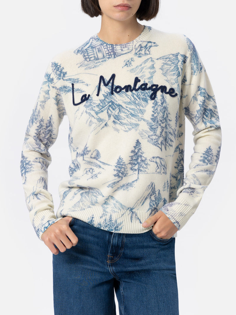 Woman white sweater New Queen with toile de jouy print and La Montagne embroidery