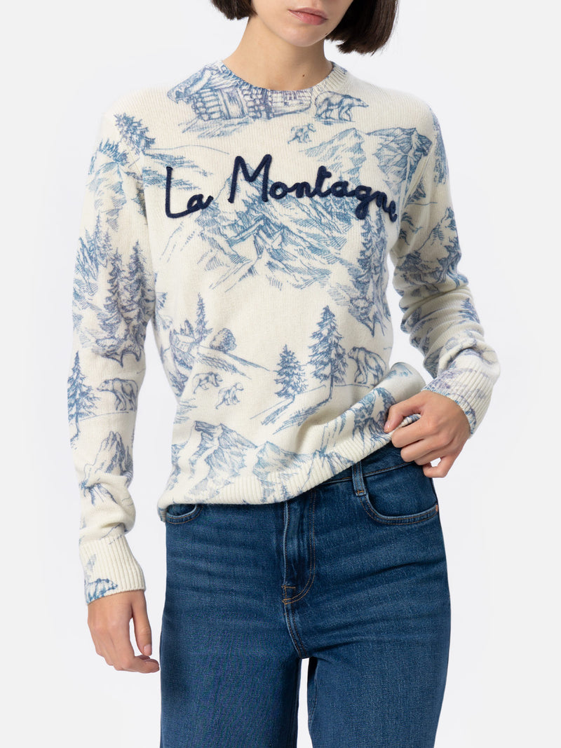 Woman white sweater New Queen with toile de jouy print and La Montagne embroidery