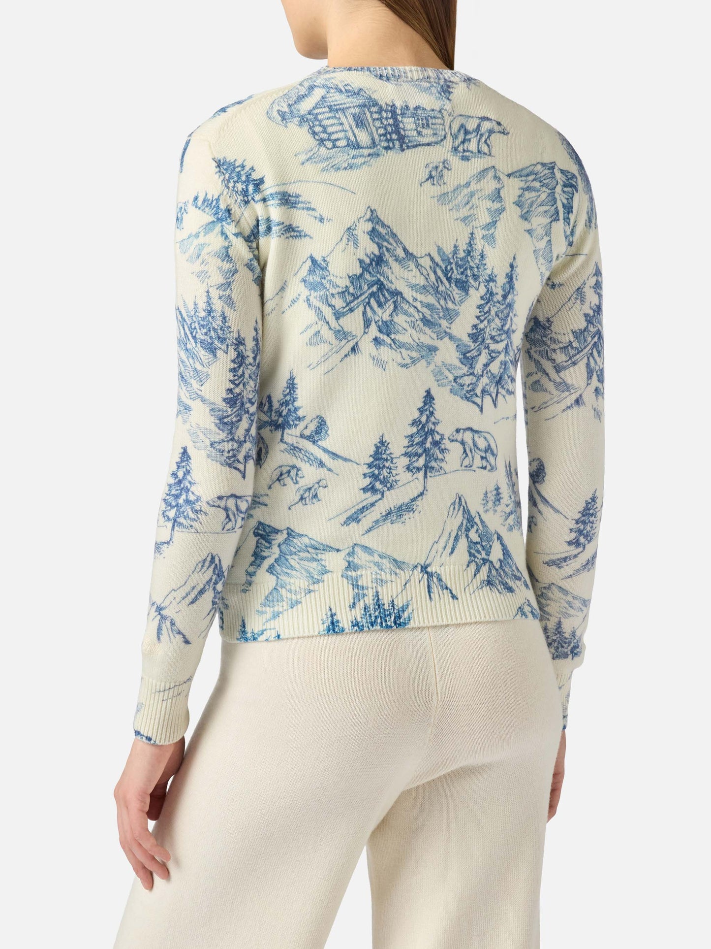 Maglione bianco da donna New Queen con stampa toile de jouy e ricamo La Montagne