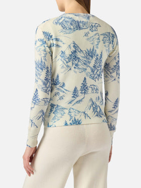 Maglione bianco da donna New Queen con stampa toile de jouy e ricamo La Montagne