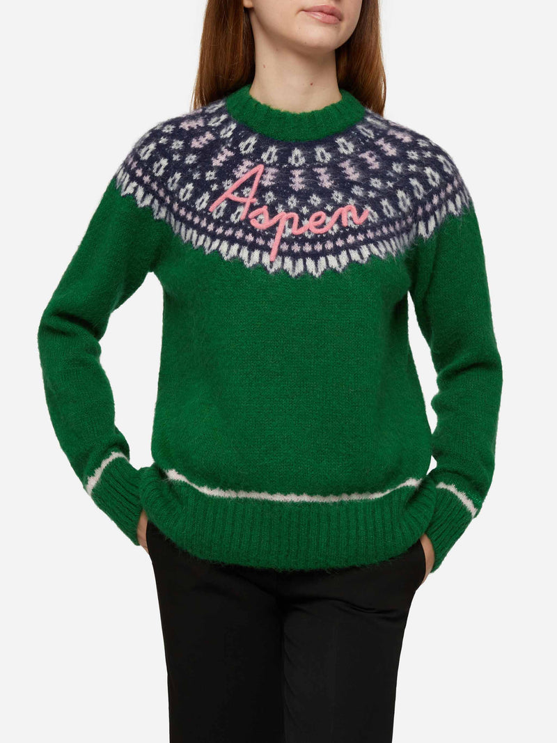 Grüner Pullover Queen Nordic Soft mit Fair-Isle-Jacquard und Aspen-Stickerei