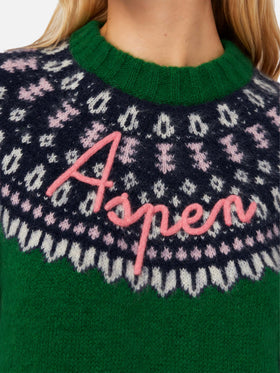 Grüner Pullover Queen Nordic Soft mit Fair-Isle-Jacquard und Aspen-Stickerei 