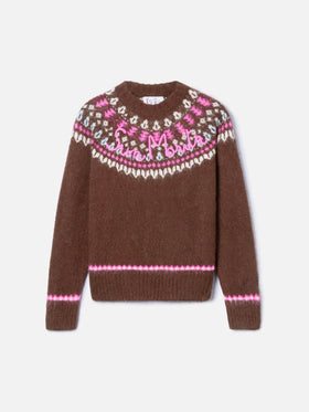 Brauner Pullover Queen Nordic Soft mit Fair-Isle-Jacquard und Sun Moritz-Stickerei