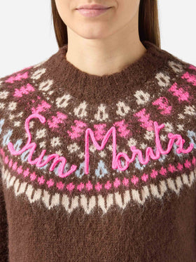 Brauner Pullover Queen Nordic Soft mit Fair-Isle-Jacquard und Sun Moritz-Stickerei