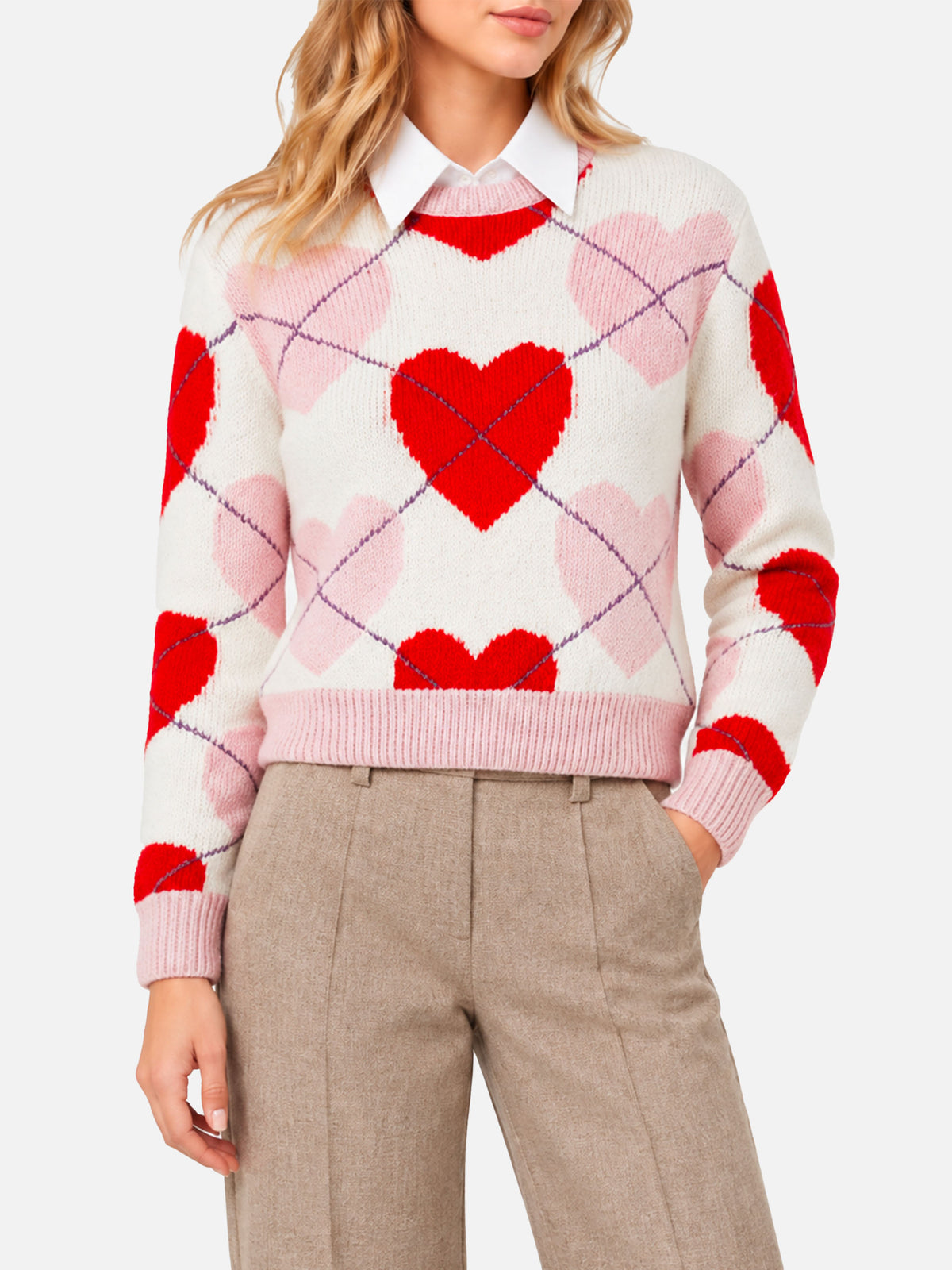Neuer Queen Crop Soft Argyle-Heart-Pullover 