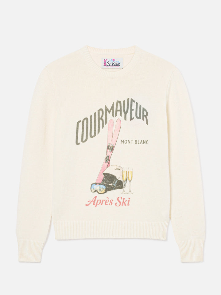 Maglia girocollo New Queen off white in misto lana e cashmere con stampa Courmayeur | Special edition