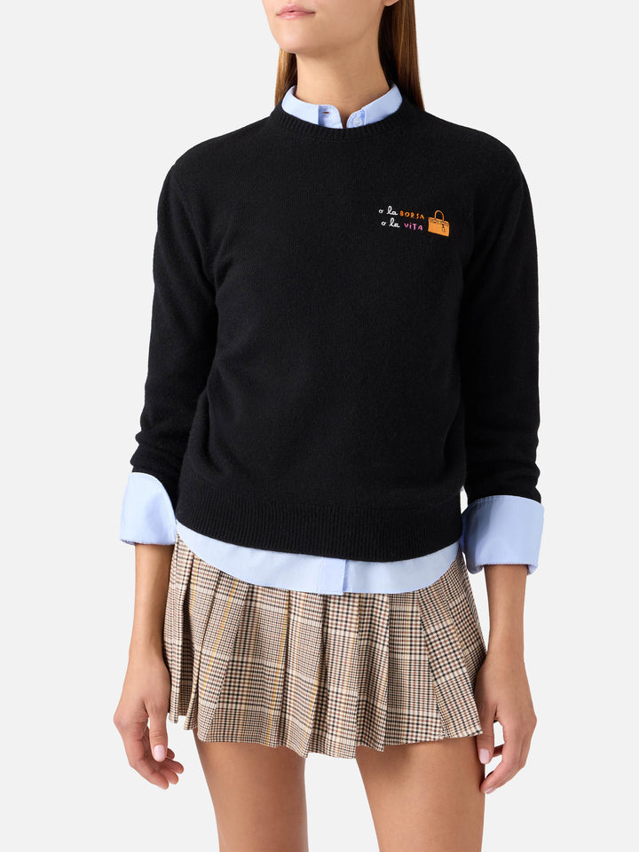 Black New Queen wool and cashmere blend crewneck with O La Borsa O La Vita embroidery